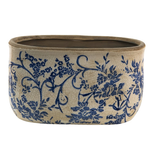 Doniczka podłużna ceramiczna w niebieskie malowane kwiaty retro L Clayre Eef