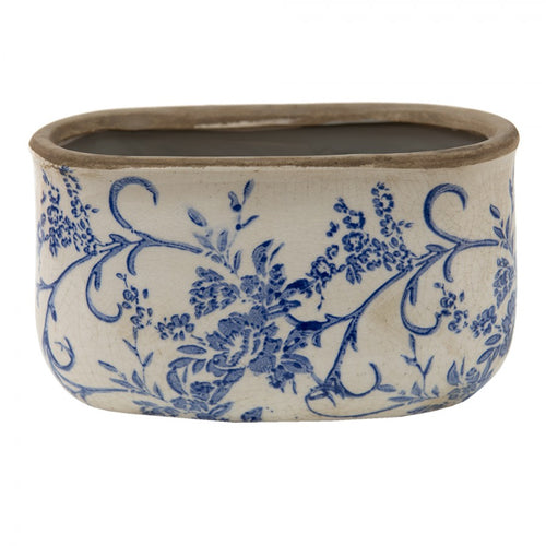 Doniczka podłużna ceramiczna w niebieskie malowane kwiaty retro Clayre Eef
