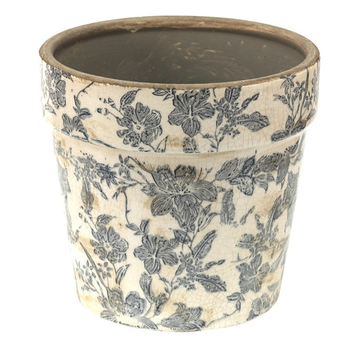 Doniczka , osłonka ceramiczna szaro - beżowa w kwiaty 16 x 15 cm Clayre Eef