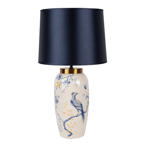 Lampa ceramiczna stołowa w ptaki z granatowym abażurem Hampton Clayre Eef