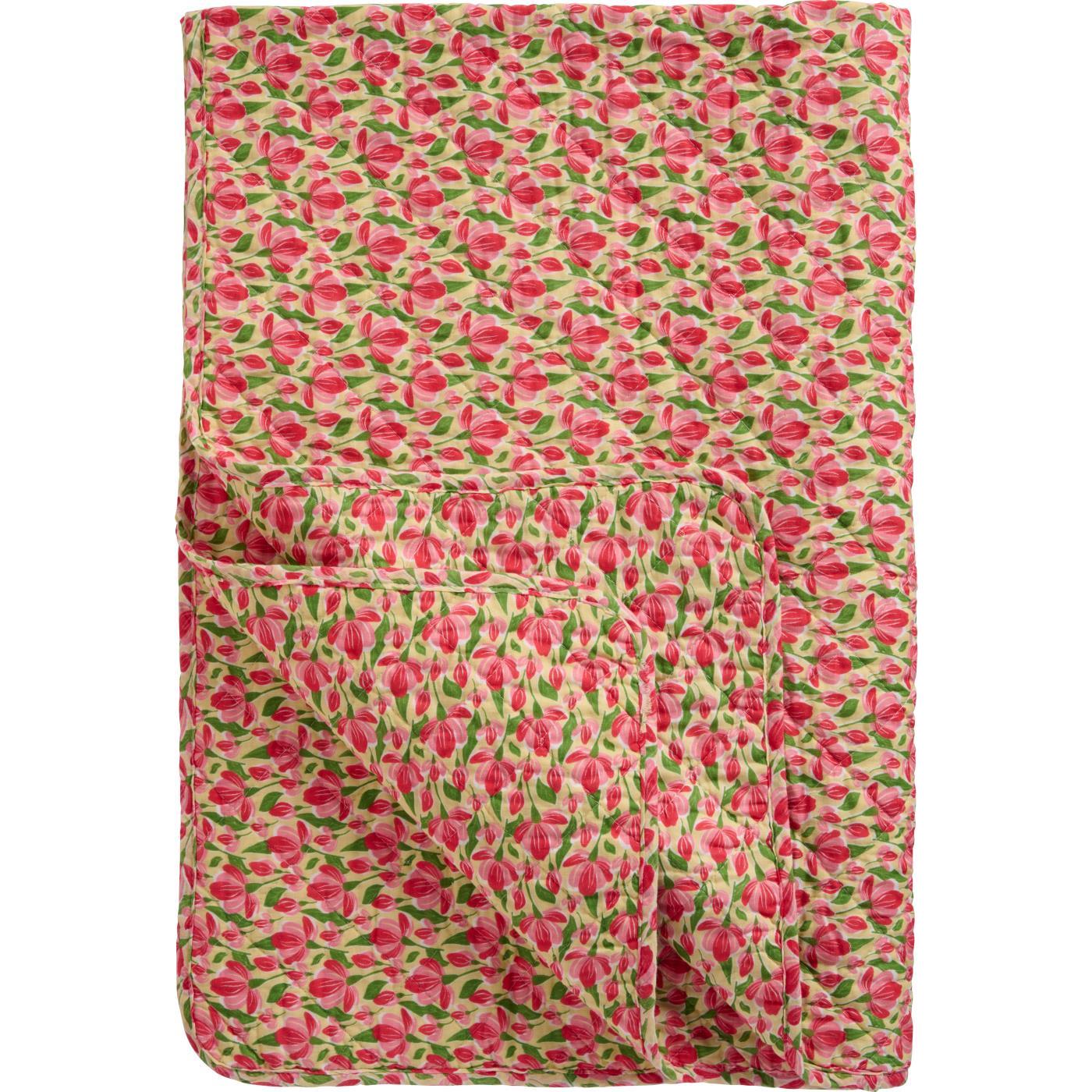 Kołdra , narzuta beżowa z czerwonymi i jasnoróżowymi kwiatami z wypełniebiem Ib Laursen