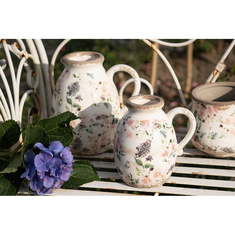 Dzbanek na kwiaty , wazon kamienny wzór kwiatowy beżowo różowy retro Clayre Eef