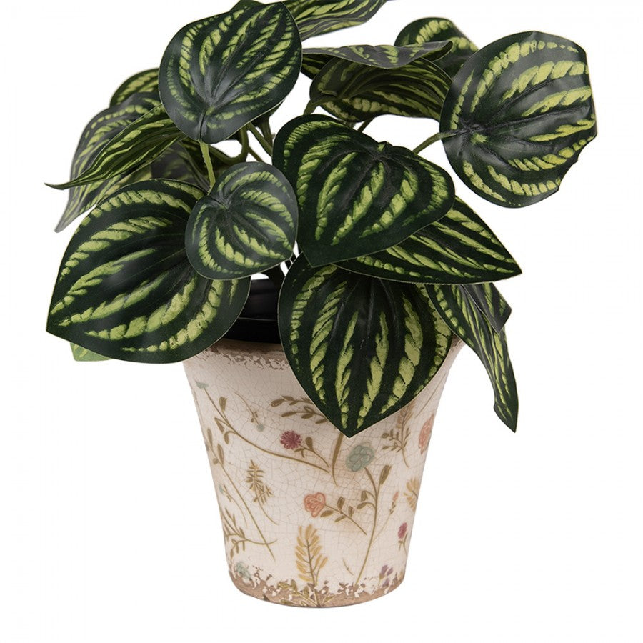 Doniczka ceramiczna beżowo- różowa kwiatki 13 x 11 cm retro Clayre Eef