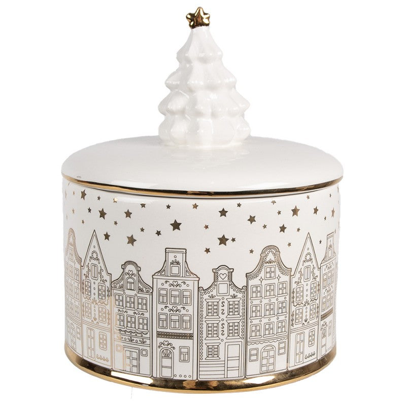 Pojemnik ceramiczny świąteczny na ciastka kamieniczki srebrny 19 cm Clayre & Eef