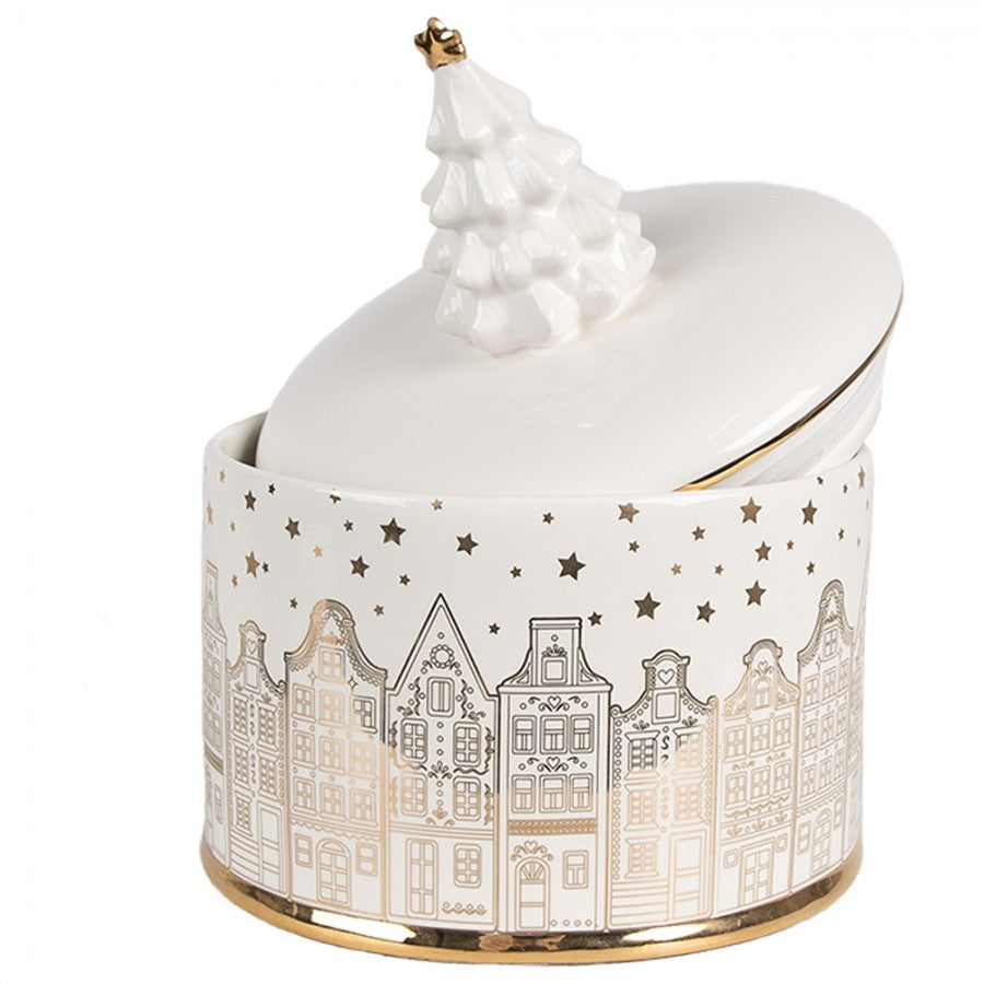 Pojemnik ceramiczny świąteczny na ciastka kamieniczki srebrny 19 cm Clayre & Eef