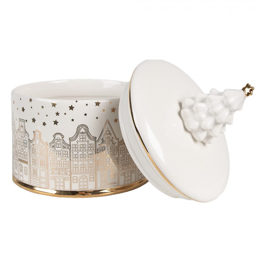 Pojemnik ceramiczny świąteczny na ciastka kamieniczki srebrny 19 cm Clayre & Eef