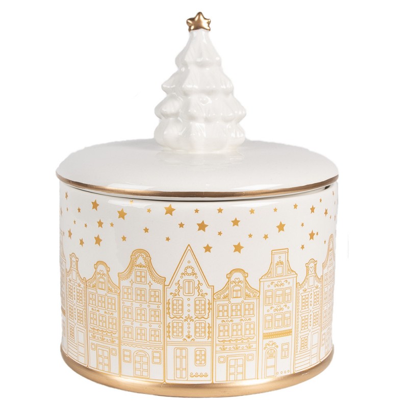 Pojemnik ceramiczny świąteczny na ciastka kamieniczki złoty 19 cm Clayre & Eef