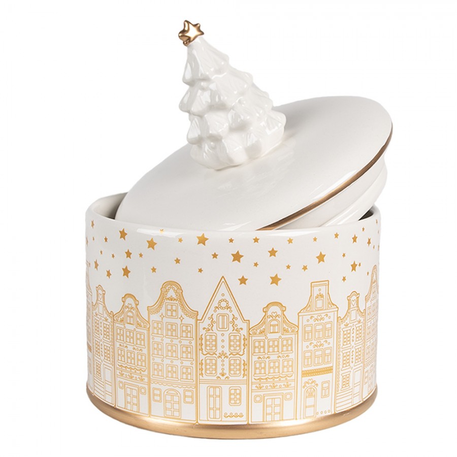 Pojemnik ceramiczny świąteczny na ciastka kamieniczki złoty 19 cm Clayre & Eef