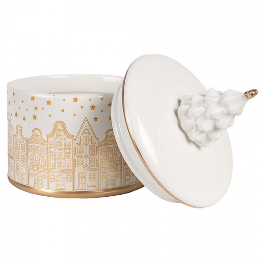 Pojemnik ceramiczny świąteczny na ciastka kamieniczki złoty 19 cm Clayre & Eef