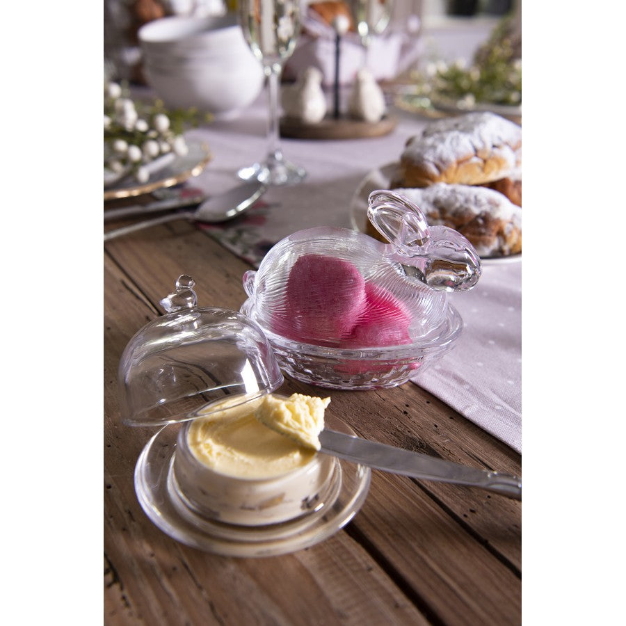 Szklana maselniczka okrągła z ptaszkiem mała retro Clayre Eef