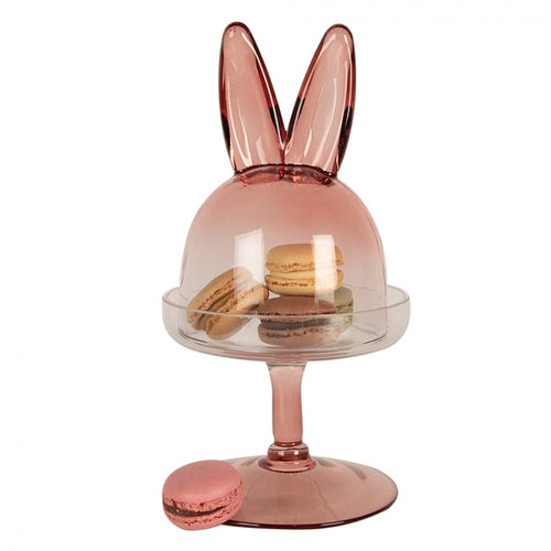 Szklana bomboniera , patera królik na nóżce różowa 23 cm Clayre Eef