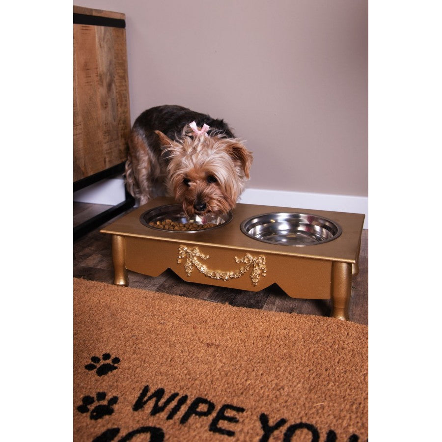 Miska dla psa lub kota drewniana złota na stojaku retro Clayre Eef