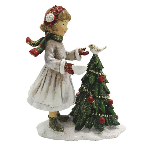 Figurka świąteczna dziewczynka z choinką retro 12 cm biało zielona Clayre Eef