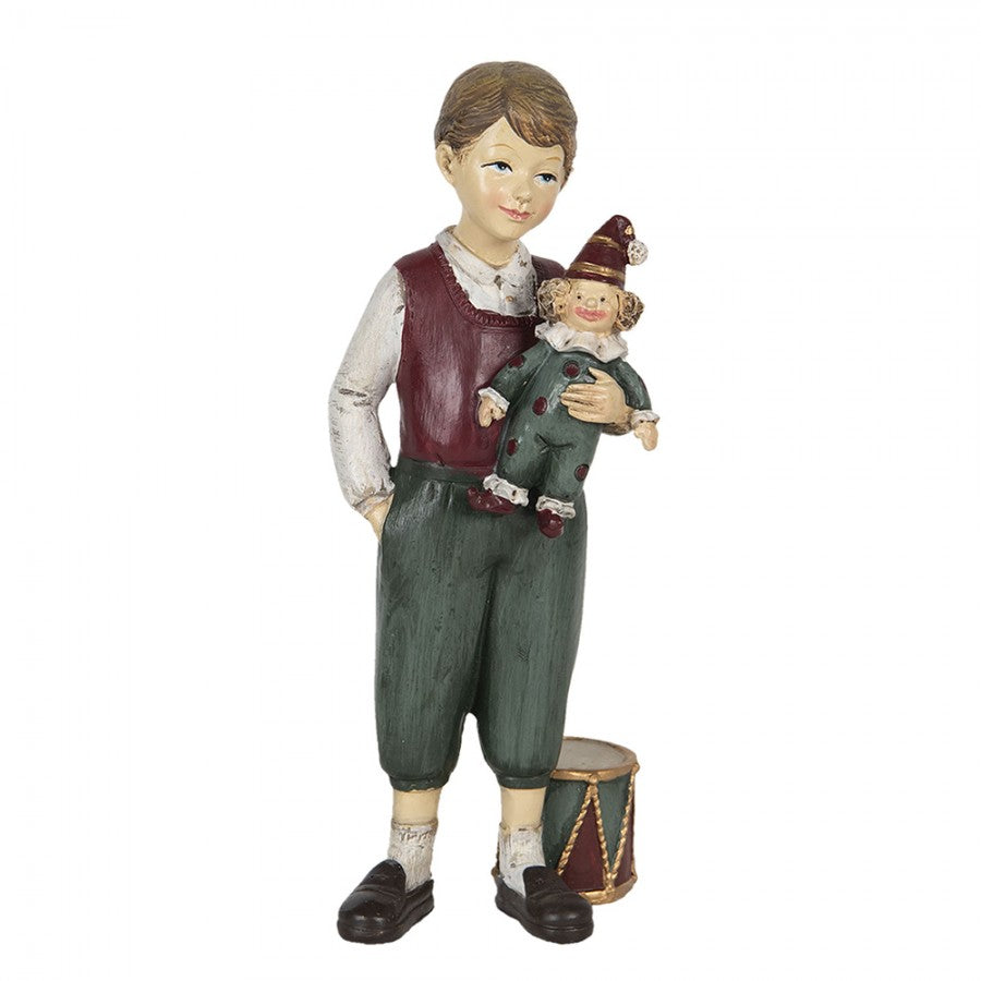 Figurka świąteczna chłopiec z zabawkami czerwona retro 21 cm Clayre Eef