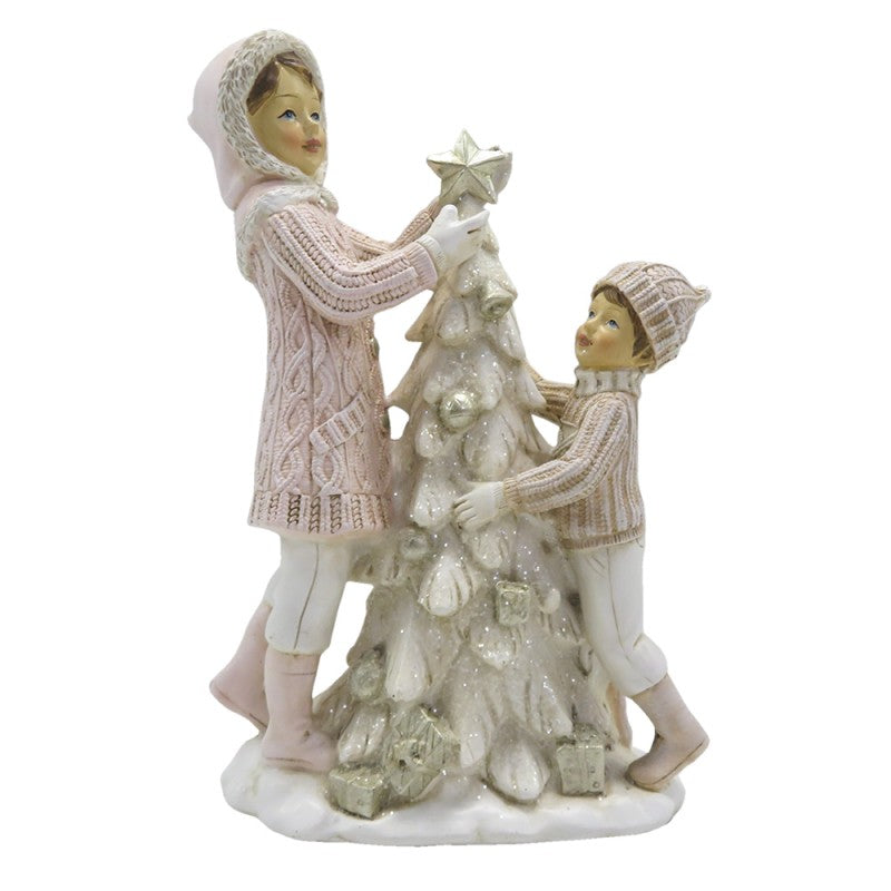 Figurka świąteczne dzieci przy choince różowa 20 cm retro Clayre Eef