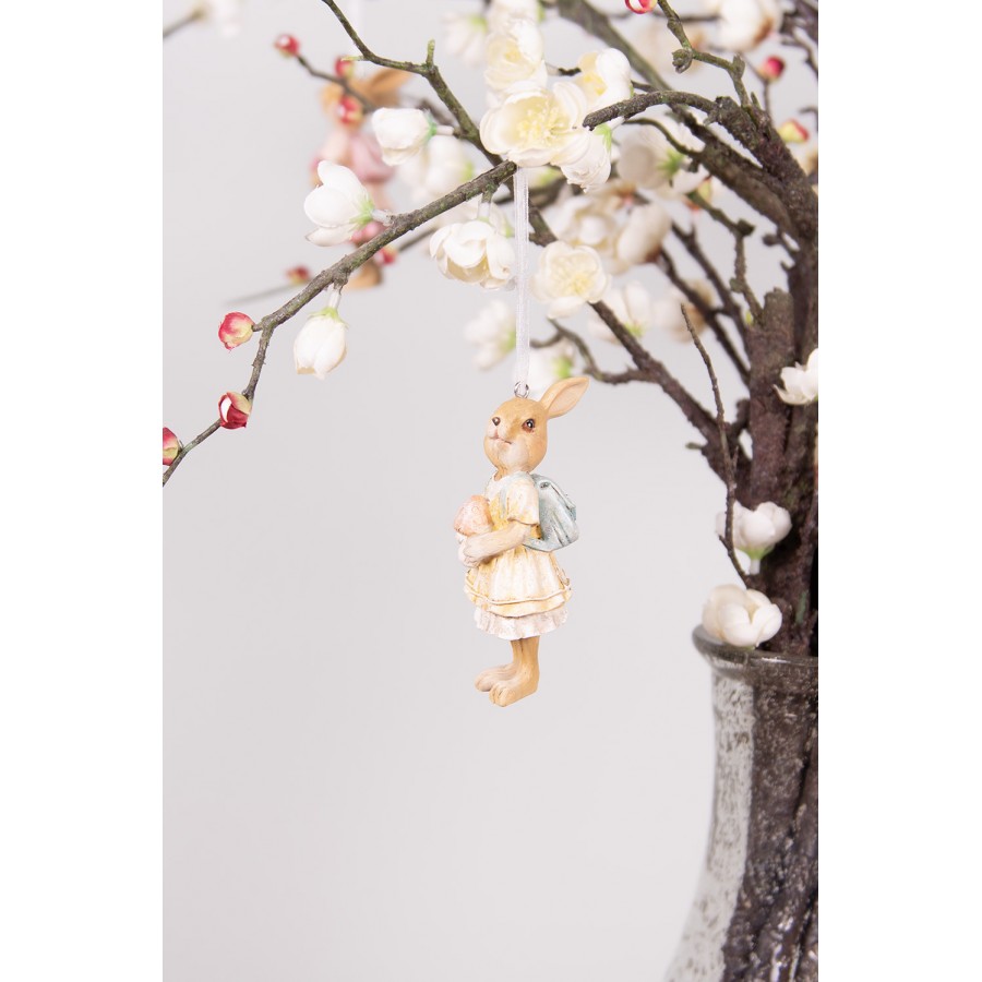 Ozdoba wiszący króliczka z plecaczkiem retro żółta  11 cm Clayre Eef