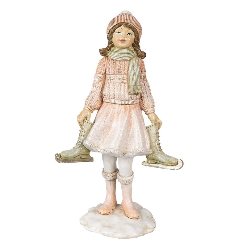 Figurka świąteczna dziewczynka z łyżwami różowa 21 cm retro Clayre Eef