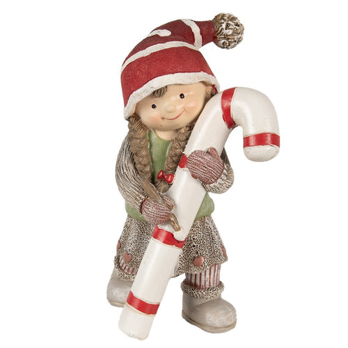 Figurka świąteczna skrzat dziewczynka z laską 18 cm retro Clayre Eef