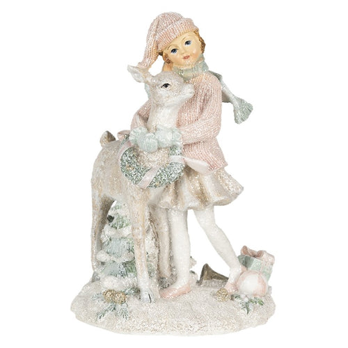 Figurka świąteczna dziecko z sarenką 20 cm  pudrowa retro Clayre Eef