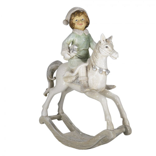 Figurka świąteczna konik na biegunach i elf srebrna 26 cm Clayre Eef