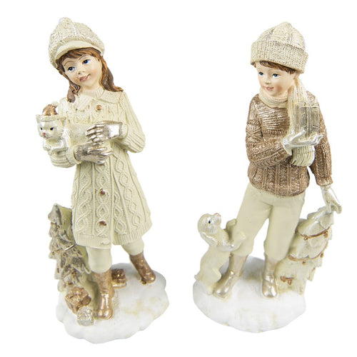 Figurki świąteczne chłopiec i dziewczynka 2 szt. retro złote Clayre Eef