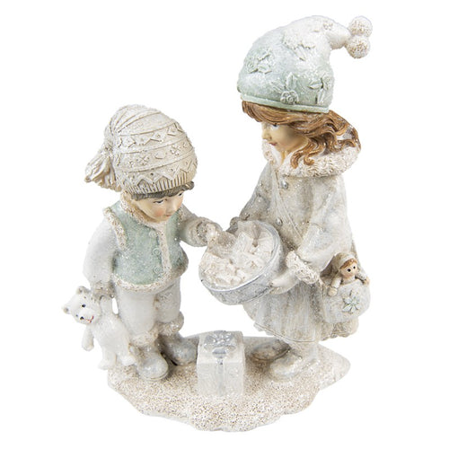 Figurka świąteczna dzieci chłopiec i dziewczynka z prezentami retro 19 cm Clayre Eef