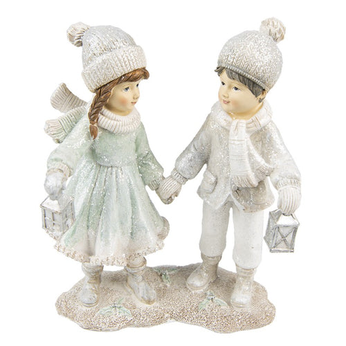 Figurki świąteczne dzieci z latarenkami 19 cm srebrno białe retro Clayre Eef