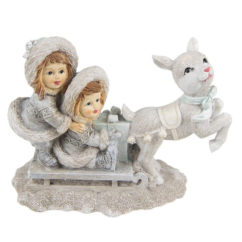 Figurka świąteczna dzieci z reniferem szara retro 12 cm Clayre Eef