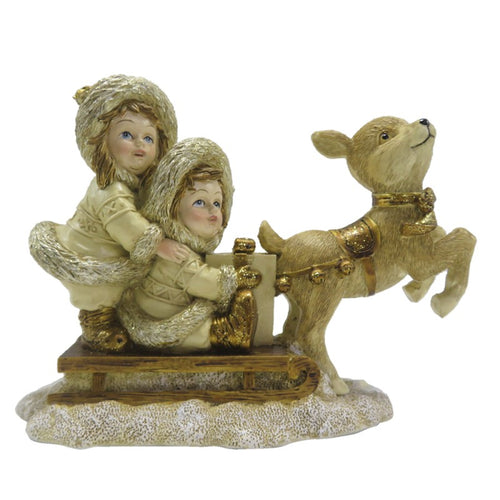 Figurka świąteczna dzieci z reniferem złota retro 12 cm Clayre Eef