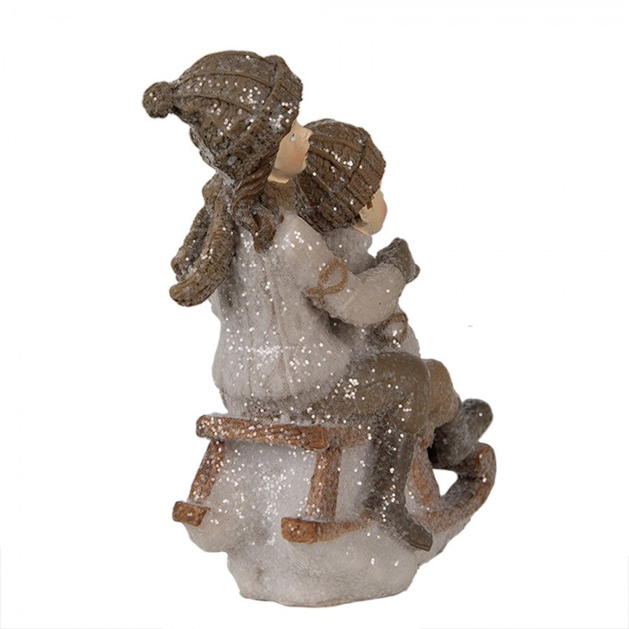 Figurka świąteczna dzieci na sankach retro 11 cm beżowa Clayre Eef