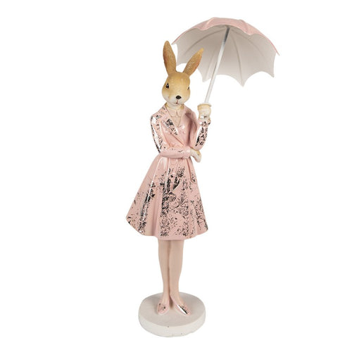 Figurka króliczka wielkanocna z parasolką pudrowy róż 28 cm Clayre Eef
