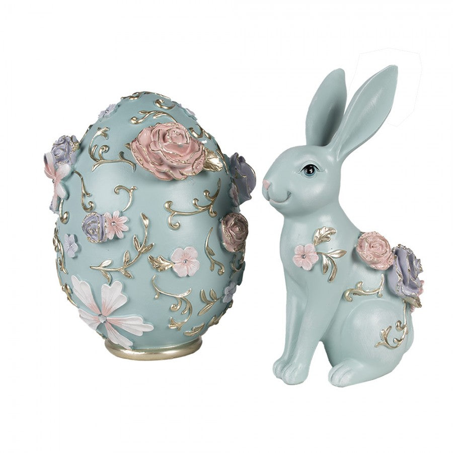 Figurka królik wielkanocny miętowy pokryty kwiatami 28 cm Clayre Eef retro