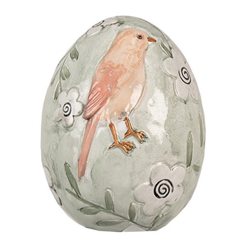 Figurka jajko ceramiczne wielkanocne malowane ptaszkek zielone 13 cm Clayre Eef