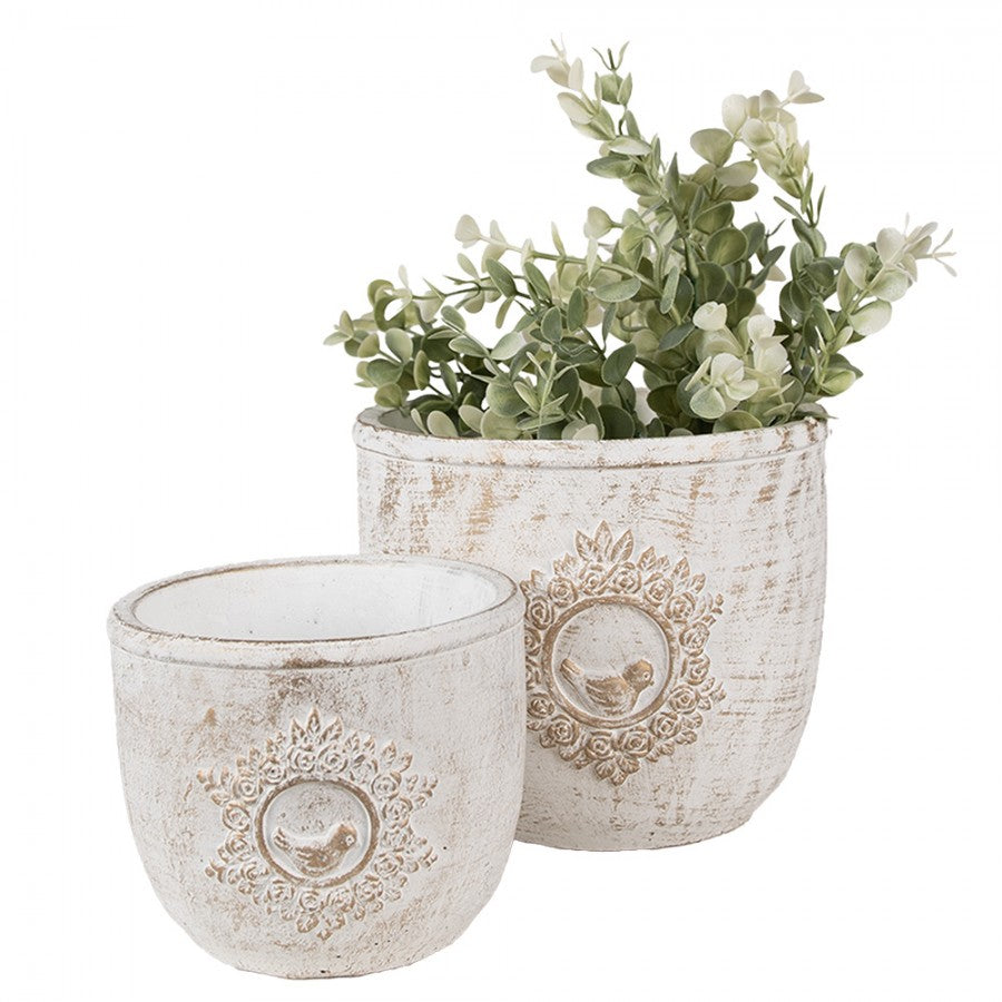 Doniczka kamienna  biała z ptaszkiem 17 x 14 cm Clayre Eef