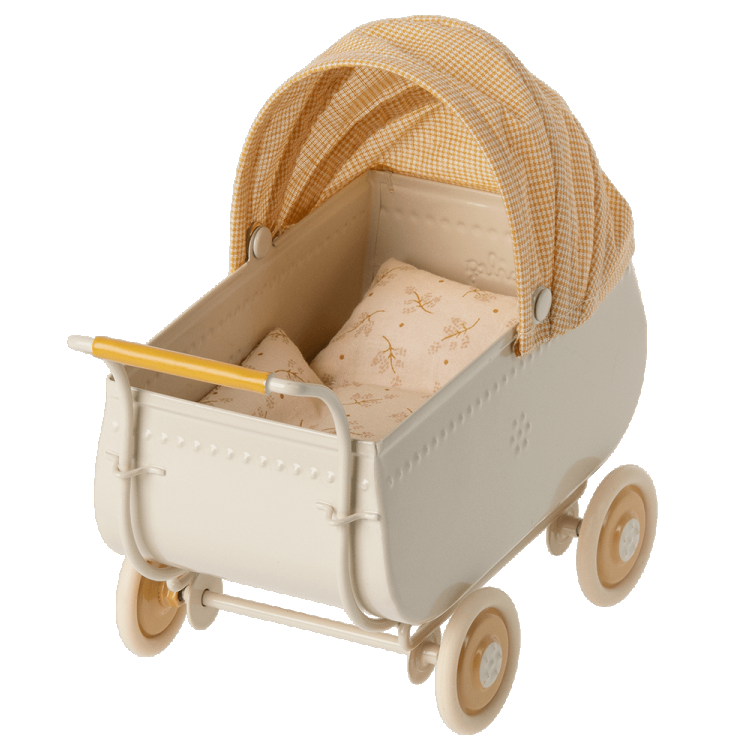 Metalowy wózek dla myszek 15cm - MICRO PRAM YELLOW Maileg