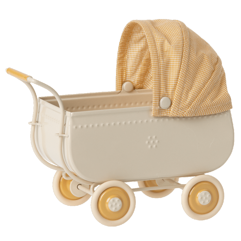 Metalowy wózek dla myszek 15cm - MICRO PRAM YELLOW Maileg