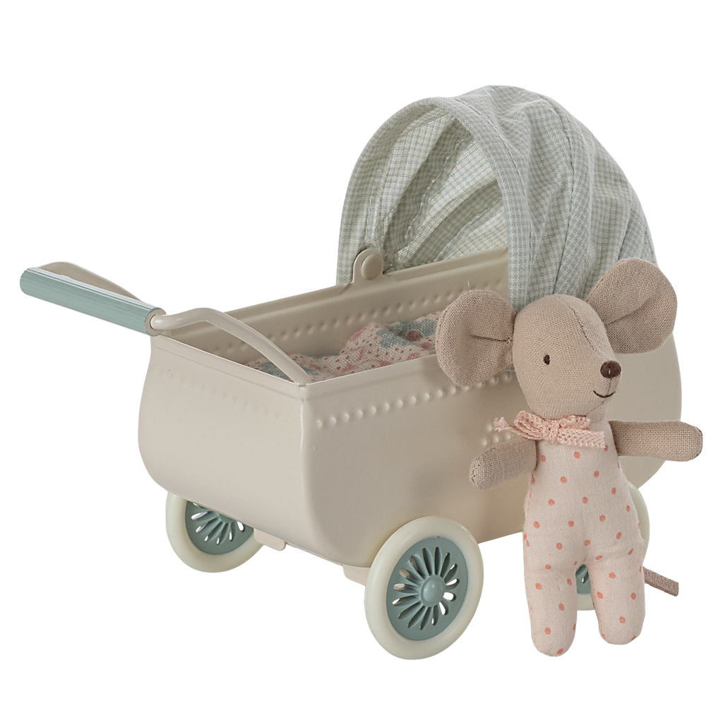 Maileg Wózek i myszka dzidziuś - PRAM with BABY MINT