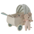 Maileg Wózek i myszka dzidziuś - PRAM with BABY MINT
