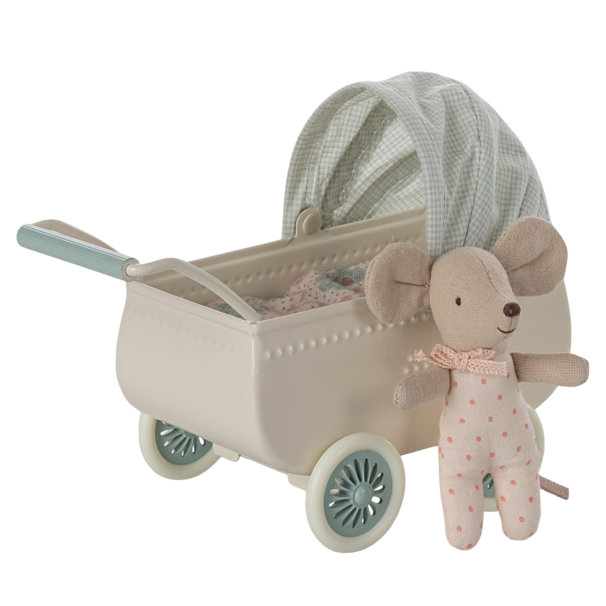 Maileg Wózek i myszka dzidziuś - PRAM with BABY MINT
