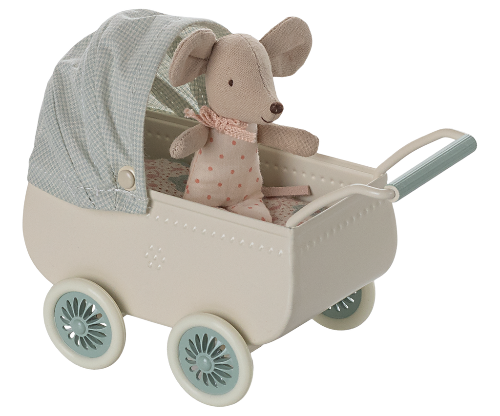 Maileg Wózek i myszka dzidziuś - PRAM with BABY MINT