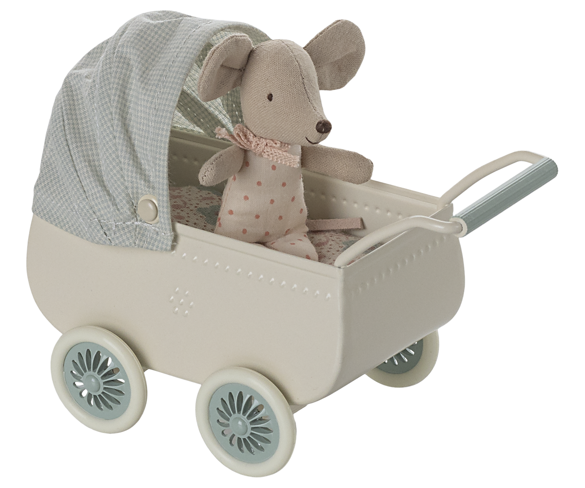 Maileg Wózek i myszka dzidziuś - PRAM with BABY MINT