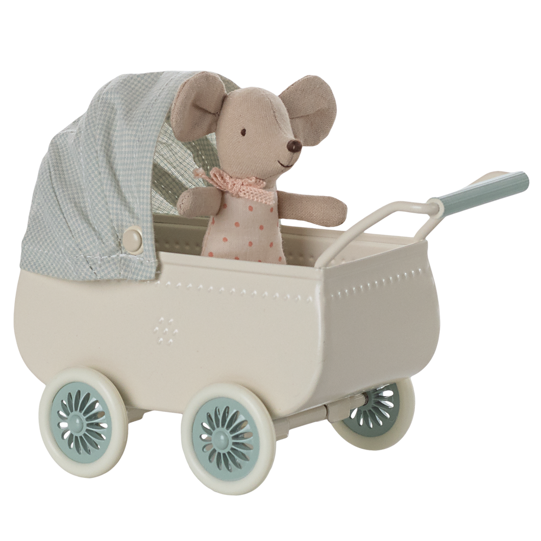 Maileg Wózek i myszka dzidziuś - PRAM with BABY MINT