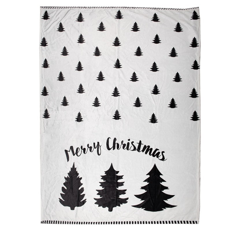 Koc biało czarny merry christmas w choinki polarowy 130 x 170 cm Clayre Eef