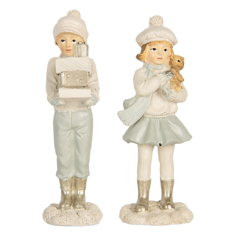 Figurki świąteczne chłopiec i dziewczynka z prezentami biały 11 cm Clayre Eef