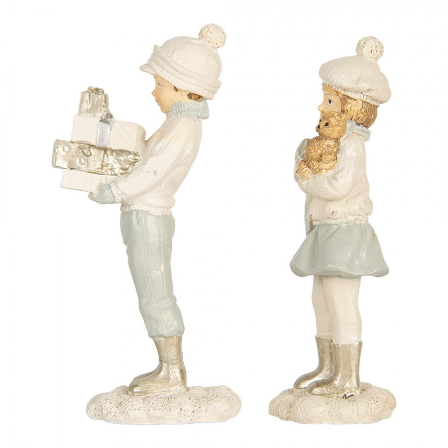 Figurki świąteczne chłopiec i dziewczynka z prezentami biały 11 cm Clayre Eef