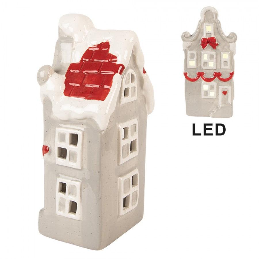 Dekoracyjny domek z diodami LED 11x9x22 cm Szary ceramiczny Clayre Eef