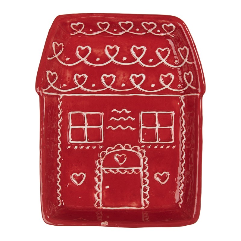 Talerz obiadowy dekoracyjny świąteczny Domek 15x19x3 cm Czerwony ceramiczny Clayre Eef