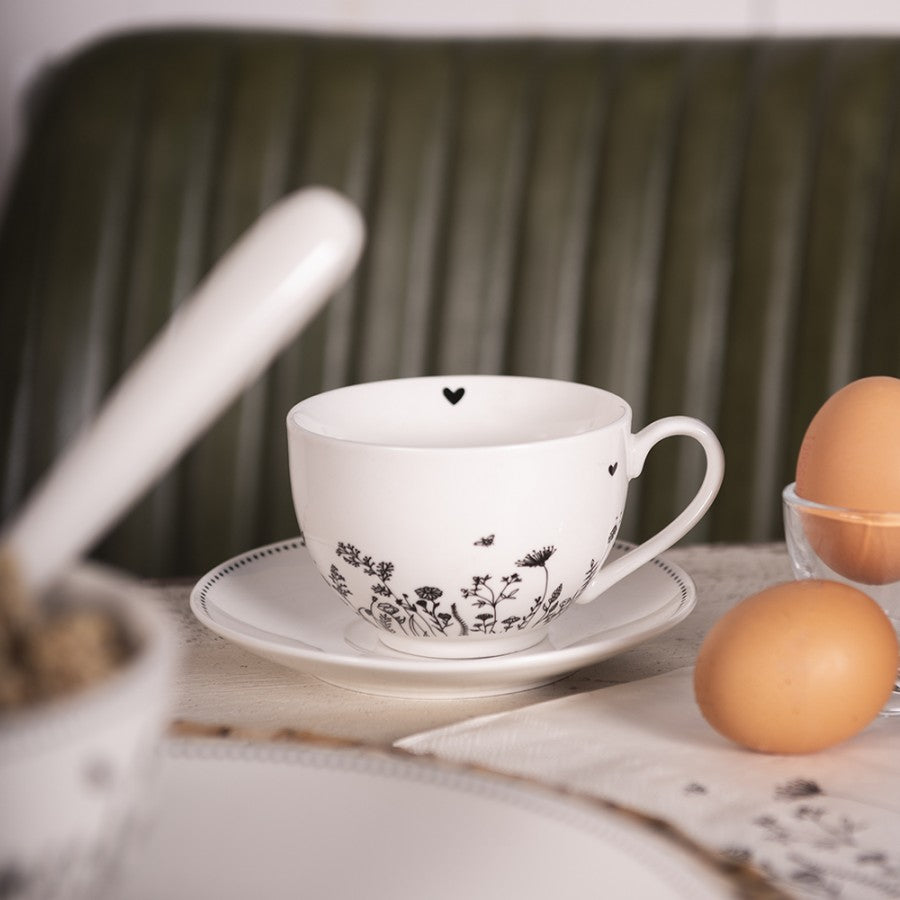 Filiżanka porcelanowa z podstawkiem kremowo czarna kwiaty 200 ml Clayre Eef