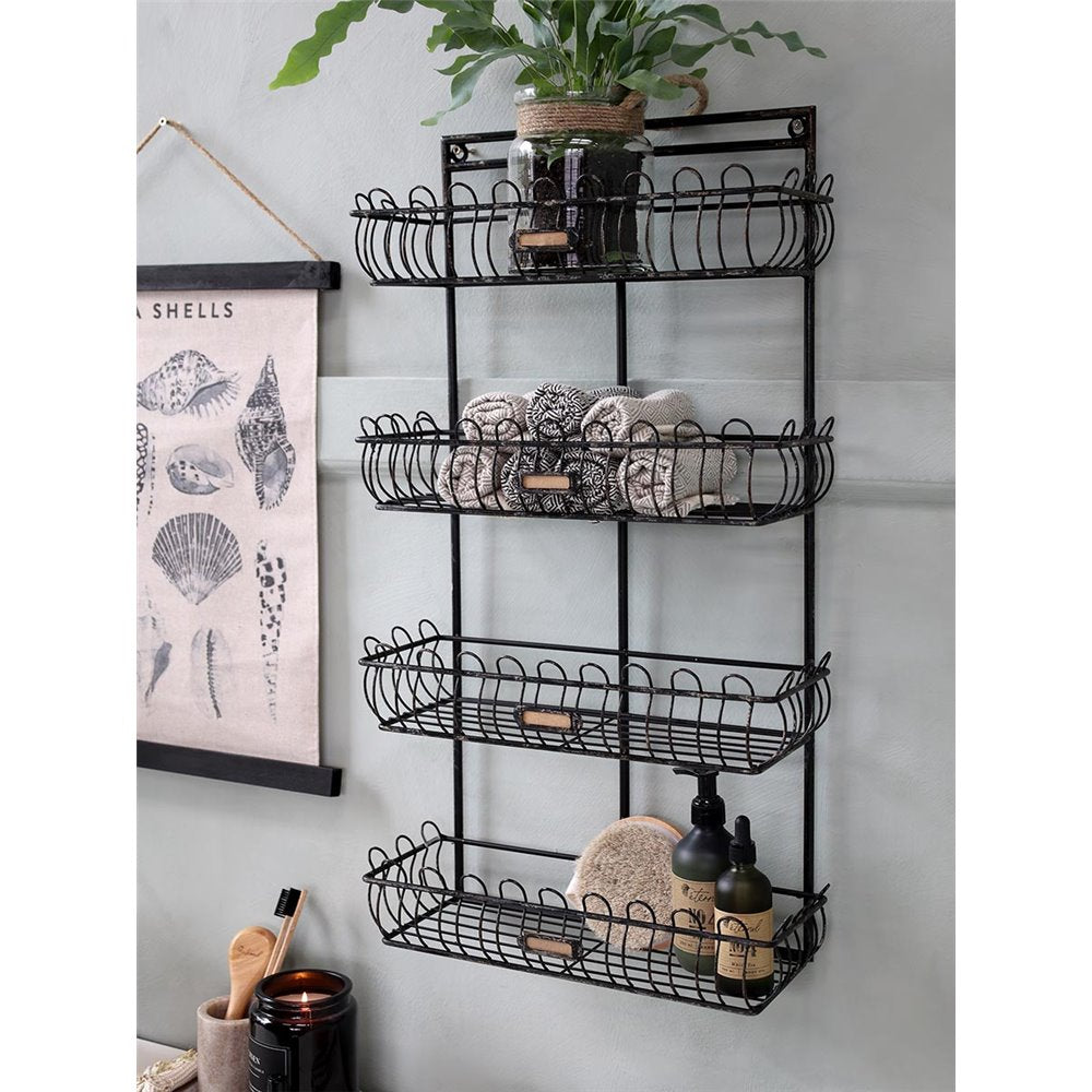 Metalowa półka ścienna chic antique czarna z koszyczkami