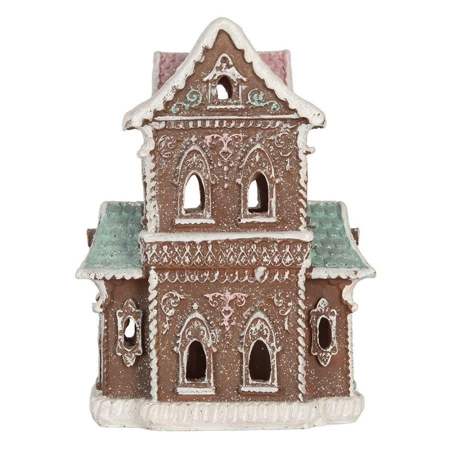 Domek z piernika LED 15x12x20 cm Brązowo miętowy brokatowy Clayre Eef